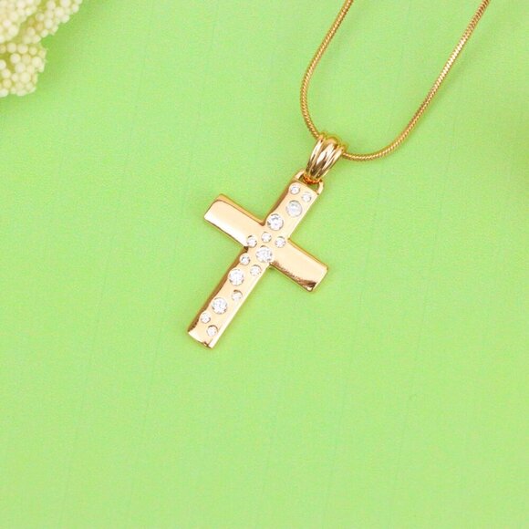 "Rose Gold Cross Pendant with White Stones in Vertical Pattern Design, XPPT1605 - Picture 3 of 13